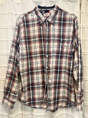 American Threads White, Red & Gray Plaid Button-Down Shirt